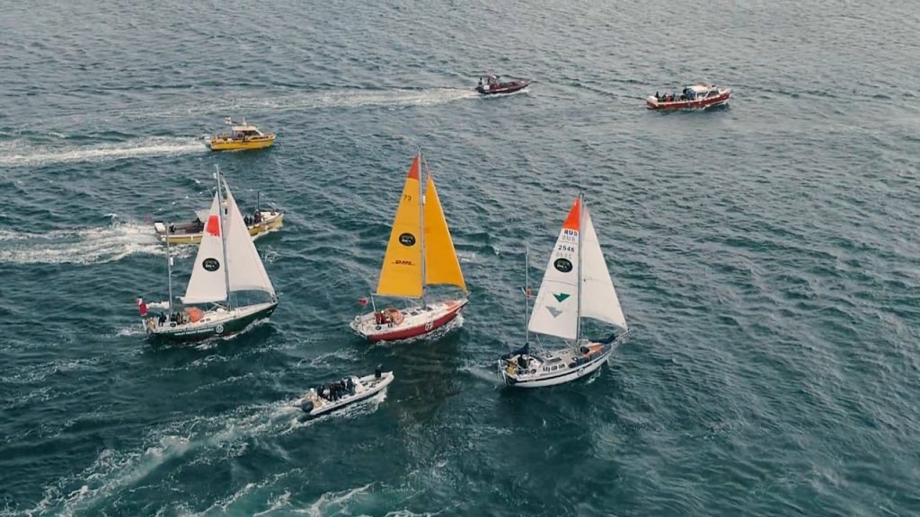 Aerial footage of the start of the Golden Globe 2018 race, setting of from Falmouth, Cornwall, UK